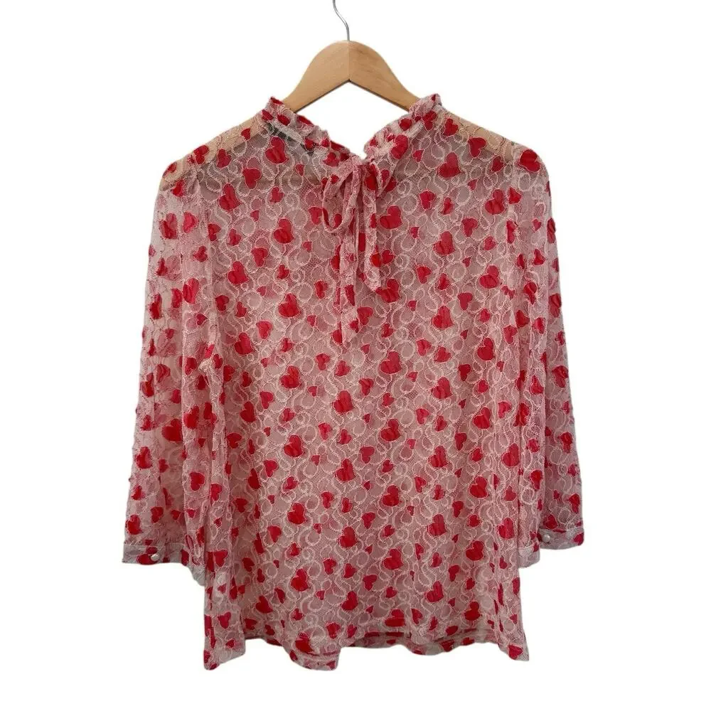 Fairy Heart Ruffle Mock Neck Sheer Mesh Lace Top Sz XL Cottage Prairie Romantic - Picture 5 of 12
